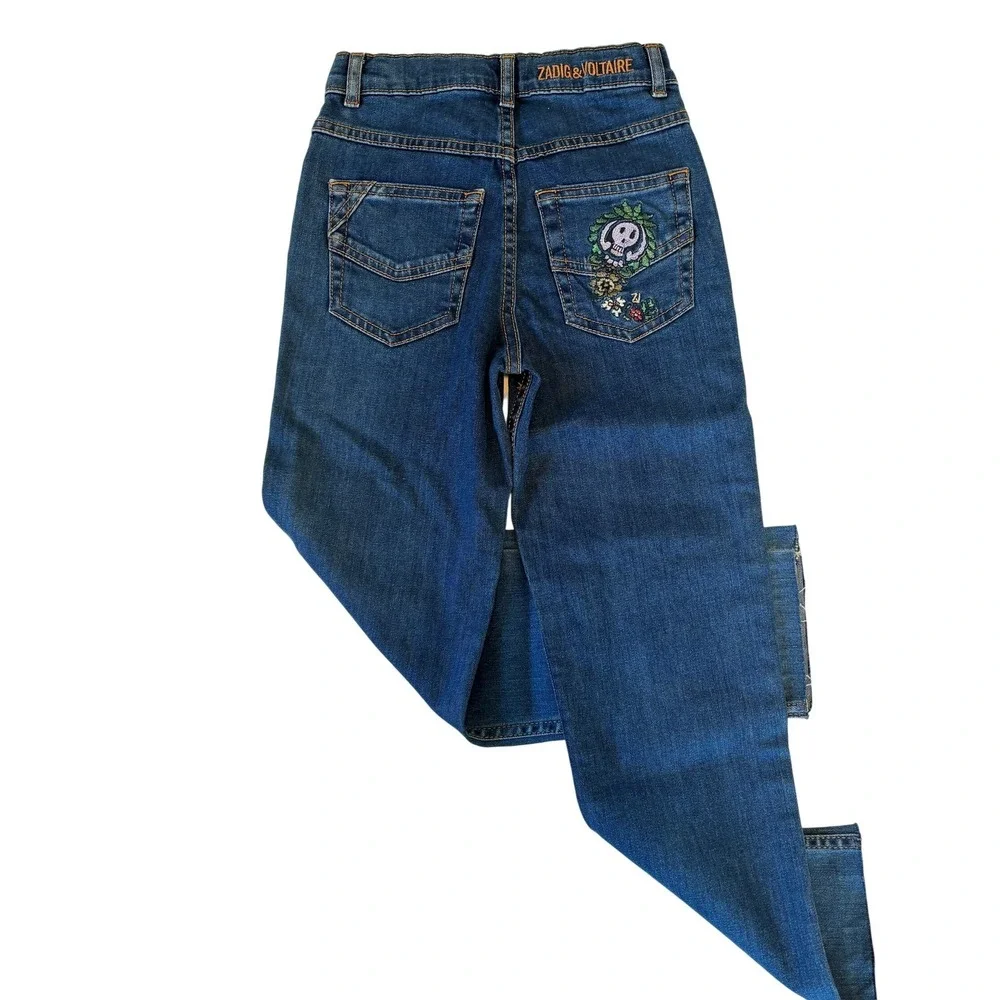 Zadig‎ & Voltaire Maggie Jeans Blue Kids Size 8 Embroidered Skull Raw Hem